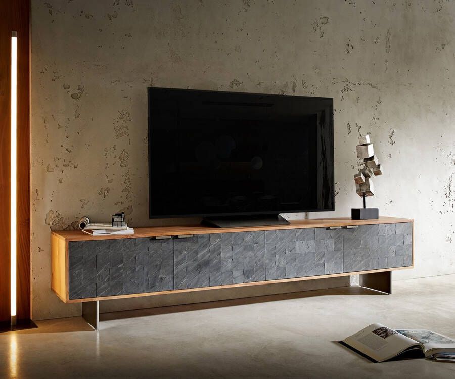 DELIFE TV-meubel Teele acacia natuur leisteen 220 cm 4 Deurs poot zwevend roestvrij staal