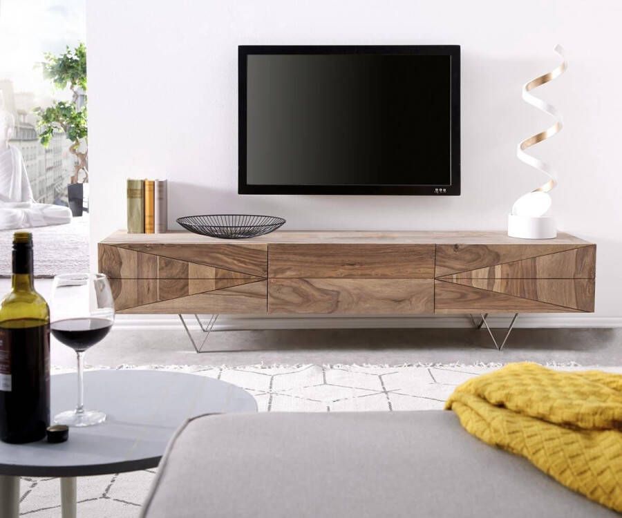 DELIFE TV tafel Wyatt Sheesham natuur 175 cm 2 deuren 1 klep Designer Lowboard