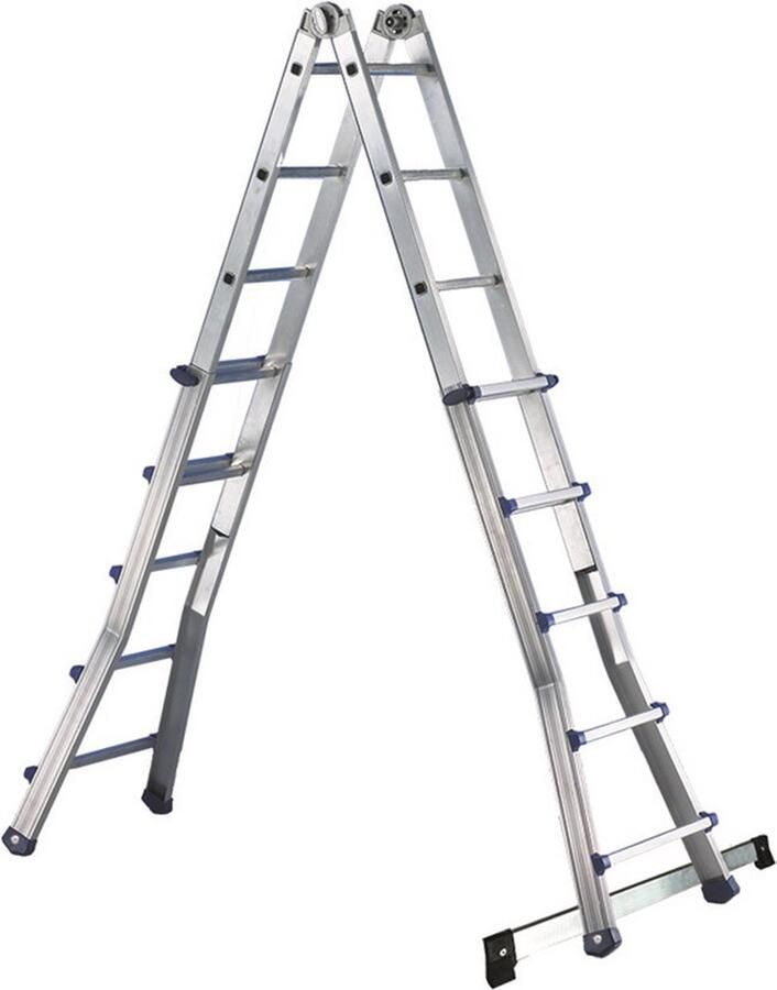 Delmer Multiladder incl. Stabilisator 8+8 1 96 m 4 1 m 11 kg Professionele kwaliteit – uitschuifbare vouwladder – 10 jaar garantie – handig voor professional en thuis gebruik – multifunctioneel