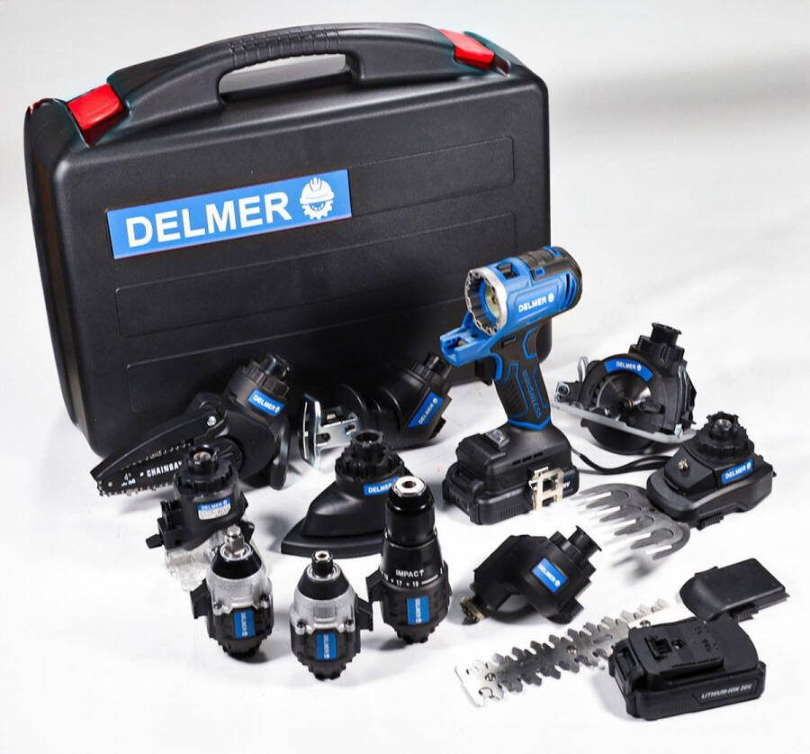 Delmer MultiTool Kit incl. 2 accu's en koffer 11 in 1 Boormachine Schroefmachine Schuurmachine Heggenschaar Kettingzaag Slijpermachine Decoupeerzaag Reciprozaag Freesmachine