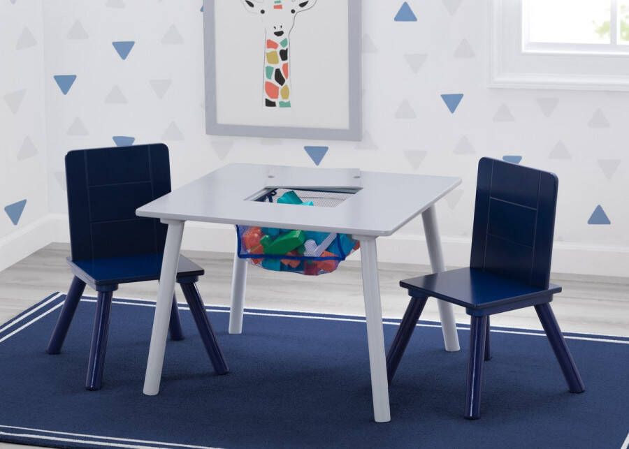 Delta Children Kindertafel met Handig Opbergvak Set met 2 Stabiele Stoelen voor Kinderkamer Blauw Grijs