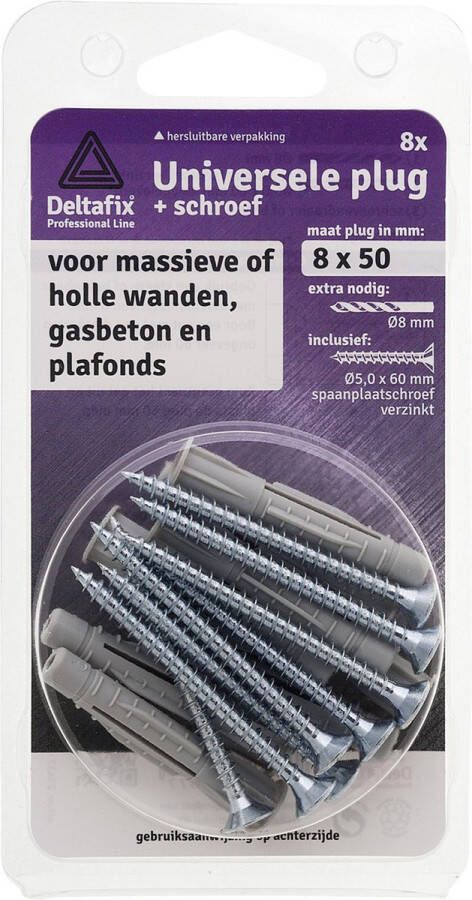 Deltafix universeelplug met kraag met spaanplaatschroef grijs 10 x 60 mm 4 st
