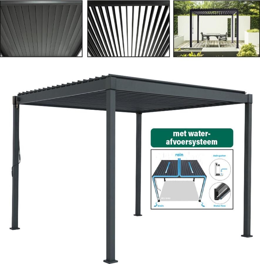 Deluxe Design Deluxe Mirador Luxe overkapping Antraciet Paviljoen Staal 3x3 m Luxe vrijstaande zonwering en tuin overkapping met kantelbare lamellen Weerbestendig Voor gebruik als pergola carport of veranda
