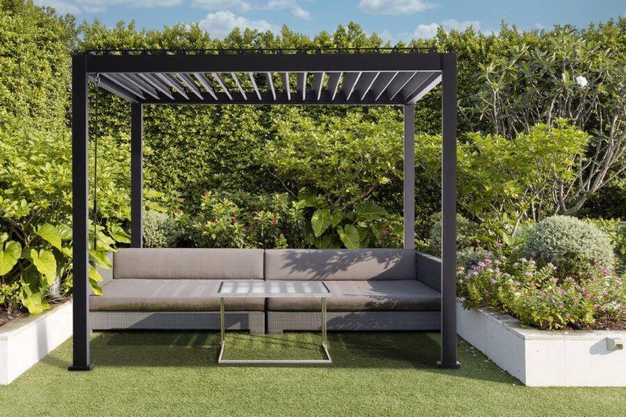 Deluxe Design Deluxe Domo Luxe overkapping Antraciet Paviljoen Aluminium 3x3 m Luxe vrijstaande zonwering en tuin overkapping met kantelbare lamellen Weerbestendig Voor gebruik als pergola carport of veranda