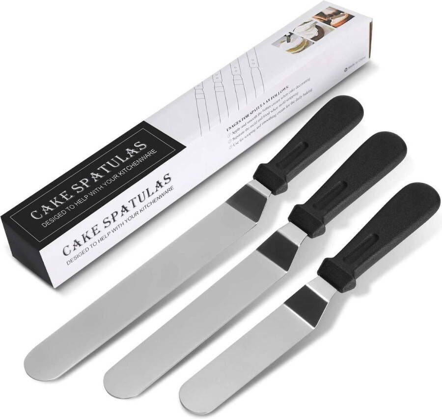 Deluxe HB Paletmes Zinaps 3 Hoekige palet Set roestvrijstalen spatolas cakesmes voor fondant cake en cake decorating 28 tot 38 cm (zwart) (WK 02128)