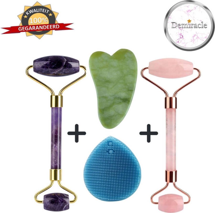 Demiracle Amethist en Rose Quartz Face Roller met Gua Sha Jade schraper en Blauwe Gezichtsreinigingsborstel – Gezichtsmassage – Massagetools – Massage Ontspanning – Kwaliteit