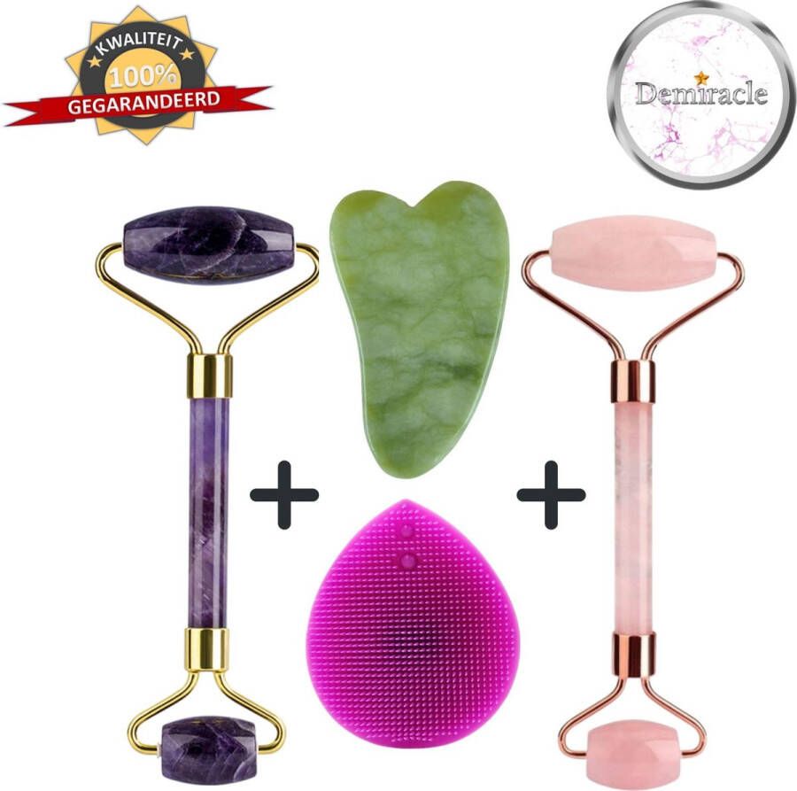 Demiracle Amethist en Rose Quartz Face Roller met Gua Sha Jade schraper en Paarse Gezichtsreinigingsborstel – Gezichtsmassage – Massagetools – Massage Ontspanning – Kwaliteit