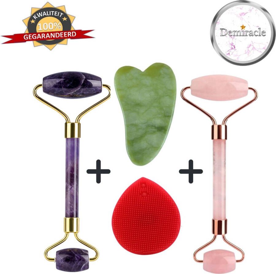 Demiracle Amethist en Rose Quartz Face Roller met Gua Sha Jade schraper en Rode Gezichtsreinigingsborstel – Gezichtsmassage – Massagetools – Massage Ontspanning – Kwaliteit