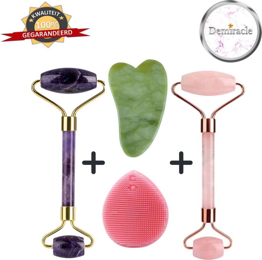 Demiracle Amethist en Rose Quartz Face Roller met Gua Sha Jade schraper en Roze Gezichtsreinigingsborstel – Gezichtsmassage – Massagetools – Massage Ontspanning – Kwaliteit