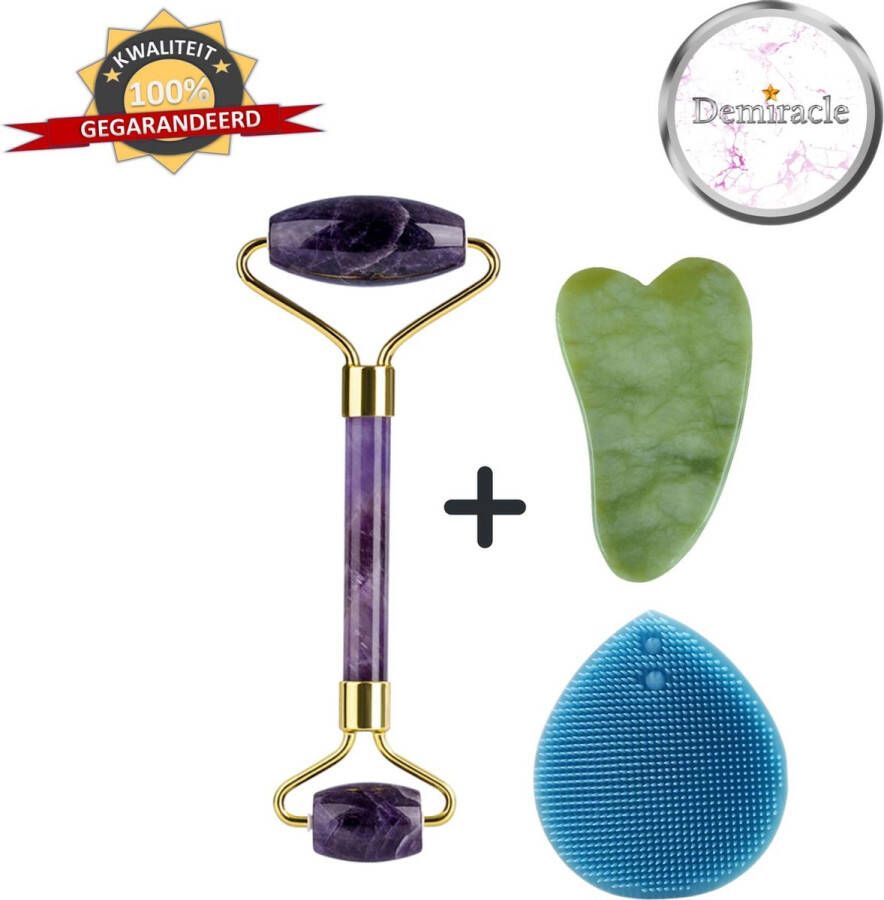 Demiracle Amethist Face Roller met Gua Sha Schraper en Blauwe Siliconen Gezichtsborstel Gezichtsroller Massage Roller Jade Roller Rimpelverwijdering Ontspanning