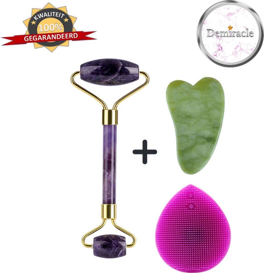 Demiracle Amethist Face Roller met Gua Sha Schraper en Paarse Siliconen Gezichtsborstel Gezichtsroller Massage Roller Jade Roller Rimpelverwijdering Ontspanning