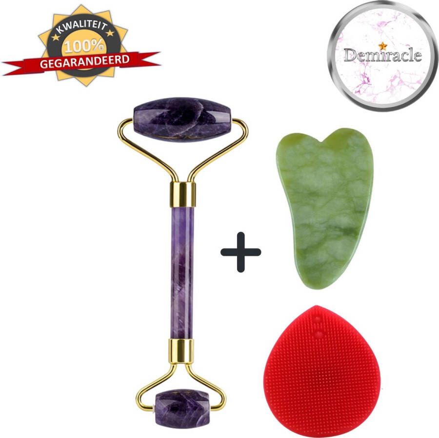 Demiracle Amethist Face Roller met Gua Sha Schraper en Rode Siliconen Gezichtsborstel Gezichtsroller Massage Roller Jade Roller Rimpelverwijdering Ontspanning