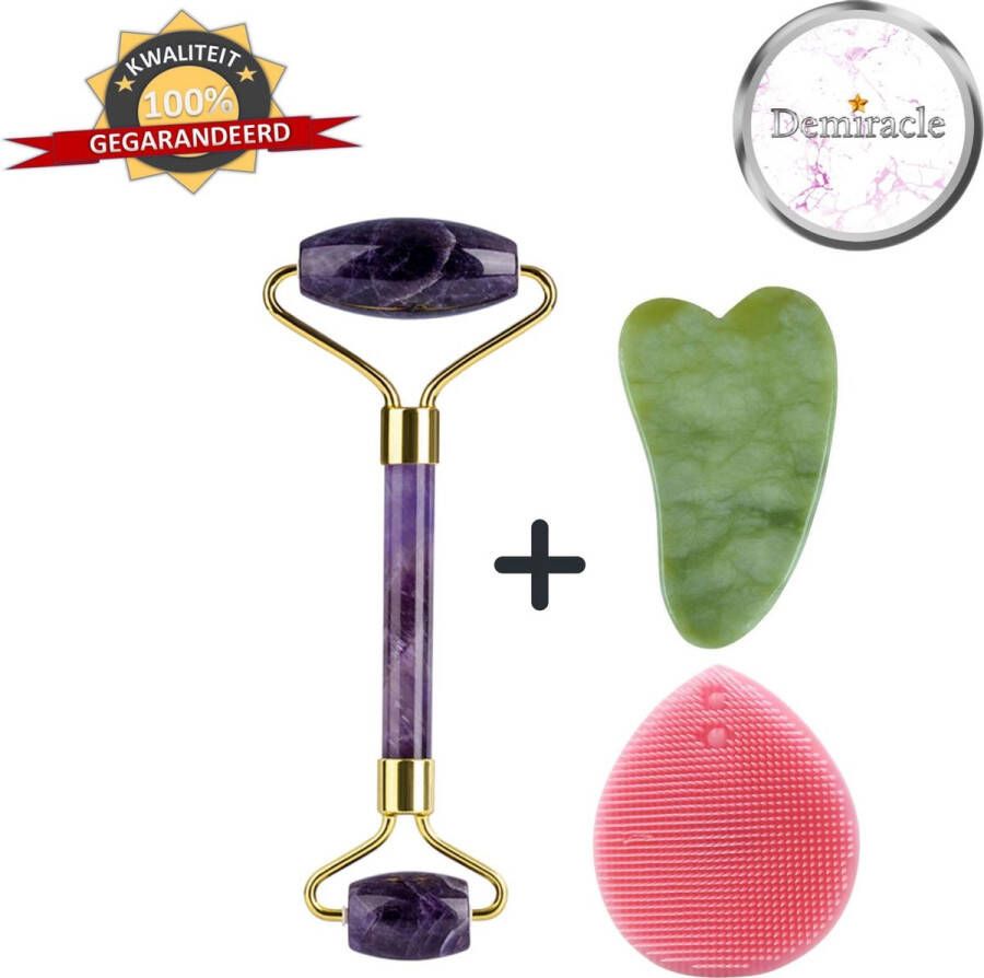 Demiracle Amethist Face Roller met Gua Sha Schraper en Roze Siliconen Gezichtsborstel Gezichtsroller Massage Roller Jade Roller Rimpelverwijdering Ontspanning