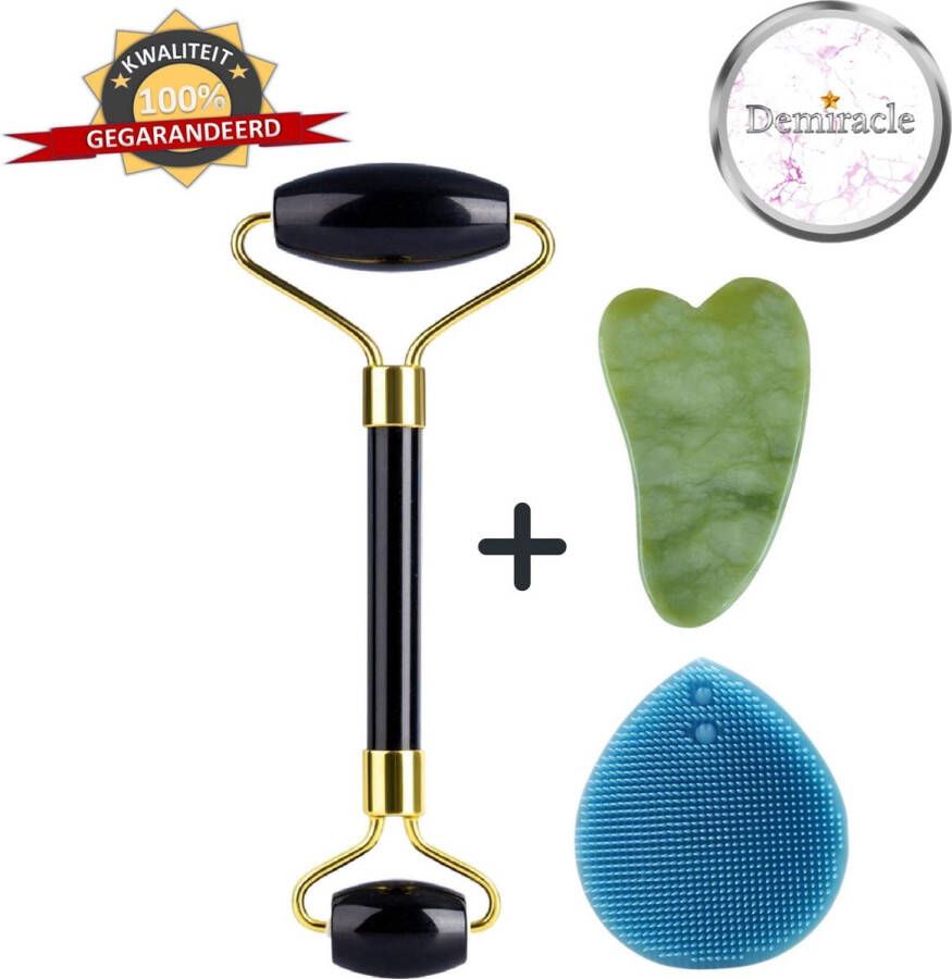 Demiracle Black Obsidian Face Roller met Gua Sha Schraper en Blauwe Siliconen Gezichtsborstel Gezichtsroller Massage Roller Jade Roller Rimpelverwijdering Ontspanning