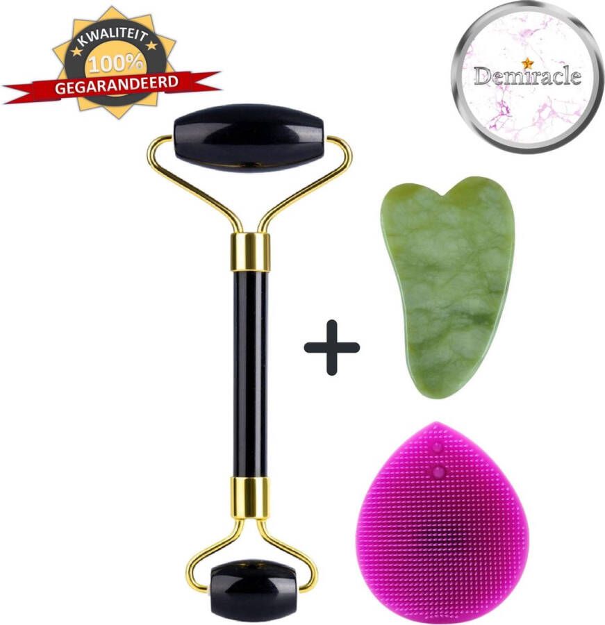 Demiracle Black Obsidian Face Roller met Gua Sha Schraper en Paarse Siliconen Gezichtsborstel Gezichtsroller Massage Roller Jade Roller Rimpelverwijdering Ontspanning