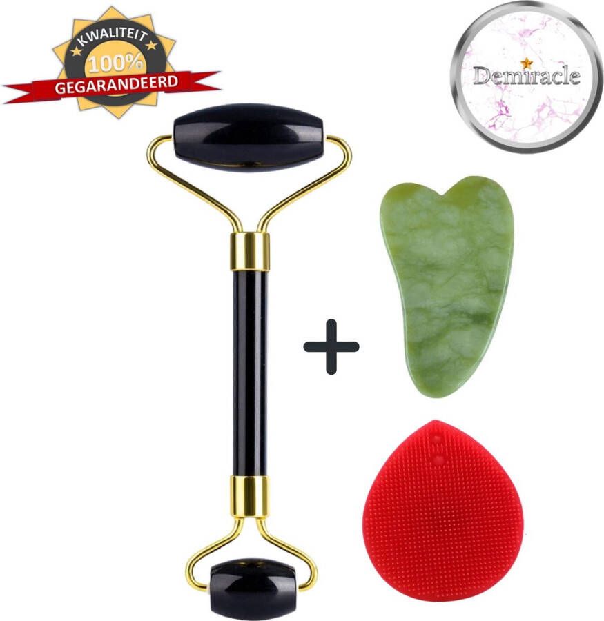 Demiracle Black Obsidian Face Roller met Gua Sha Schraper en Rode Siliconen Gezichtsborstel Gezichtsroller Massage Roller Jade Roller Rimpelverwijdering Ontspanning