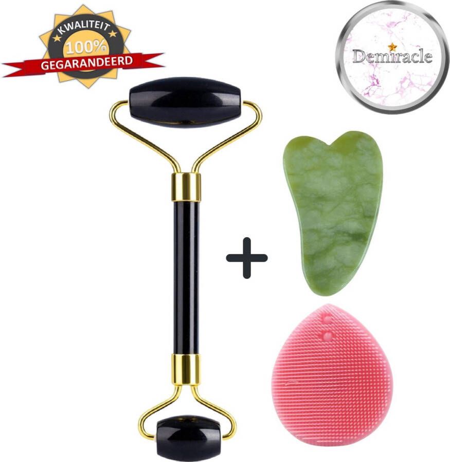 Demiracle Black Obsidian Face Roller met Gua Sha Schraper en Roze Siliconen Gezichtsborstel Gezichtsroller Massage Roller Jade Roller Rimpelverwijdering Ontspanning