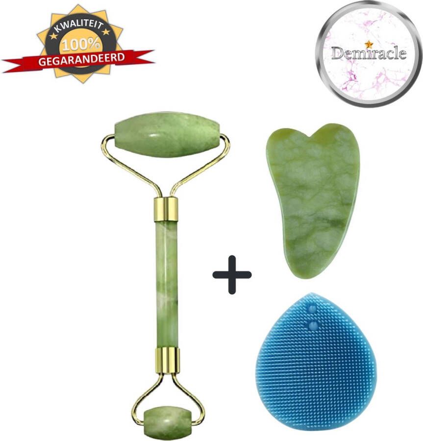 Demiracle Jade Face Roller met Gua Sha Schraper en Blauwe Siliconen Gezichtsborstel Gezichtsroller Massage Roller Jade Roller Rimpelverwijdering Ontspanning