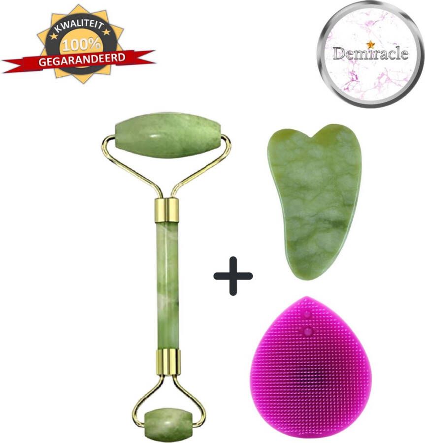 Demiracle Jade Face Roller met Gua Sha Schraper en Paarse Siliconen Gezichtsborstel Gezichtsroller Massage Roller Jade Roller Rimpelverwijdering Ontspanning