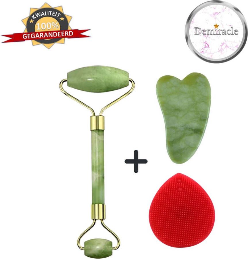 Demiracle Jade Face Roller met Gua Sha Schraper en Rode Siliconen Gezichtsborstel Gezichtsroller Massage Roller Jade Roller Rimpelverwijdering Ontspanning