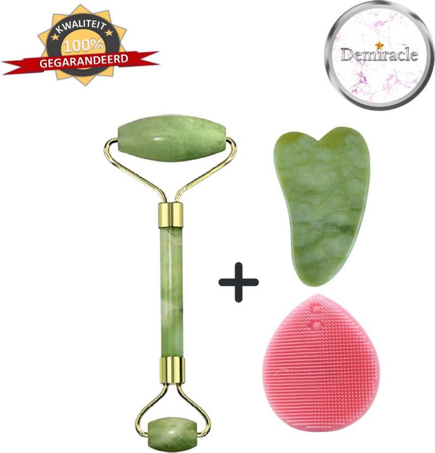 Demiracle Jade Face Roller met Gua Sha Schraper en Roze Siliconen Gezichtsborstel Gezichtsroller Massage Roller Jade Roller Rimpelverwijdering Ontspanning