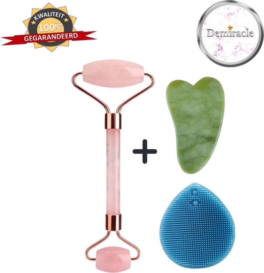 Demiracle Rose Quartz Face Roller met Gua Sha Schraper en Blauwe Siliconen Gezichtsborstel Gezichtsroller Massage Roller Jade Roller Rimpelverwijdering Ontspanning