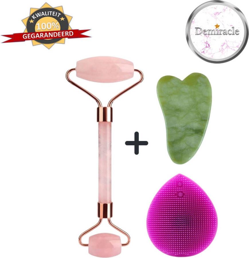 Demiracle Rose Quartz Face Roller met Gua Sha Schraper en Paarse Siliconen Gezichtsborstel Gezichtsroller Massage Roller Jade Roller Rimpelverwijdering Ontspanning