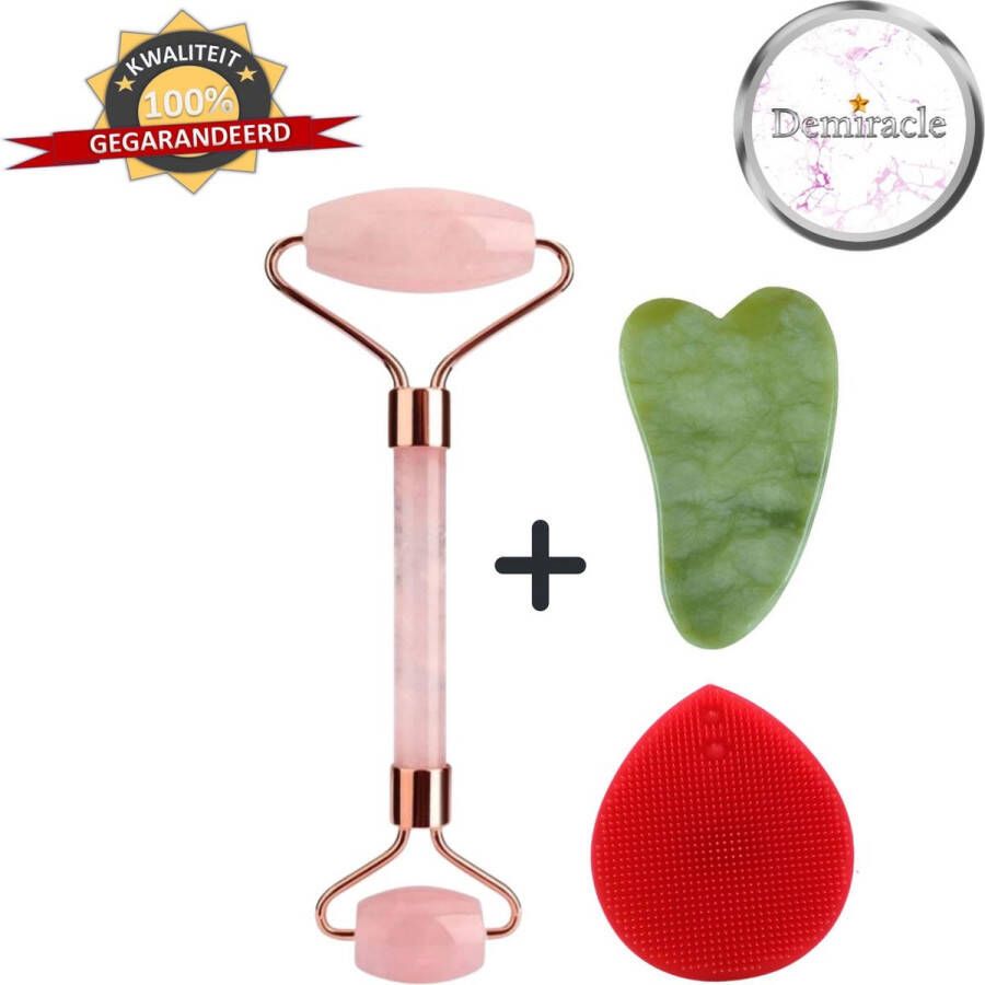 Demiracle Rose Quartz Face Roller met Gua Sha Schraper en Rode Siliconen Gezichtsborstel Gezichtsroller Massage Roller Jade Roller Rimpelverwijdering Ontspanning