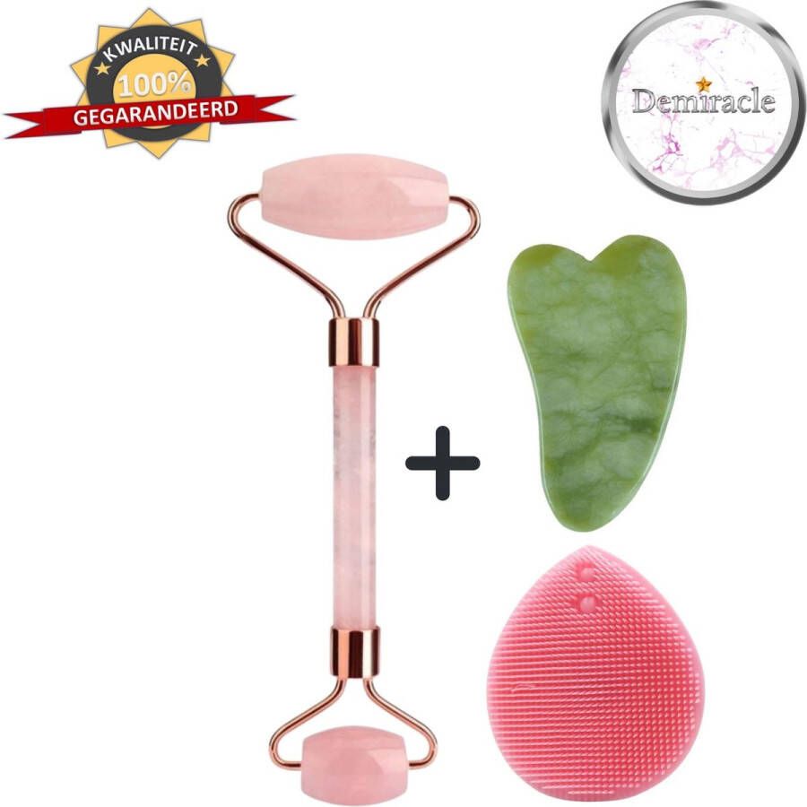 Demiracle Rose Quartz Face Roller met Gua Sha Schraper en Roze Siliconen Gezichtsborstel Gezichtsroller Massage Roller Jade Roller Rimpelverwijdering Ontspanning