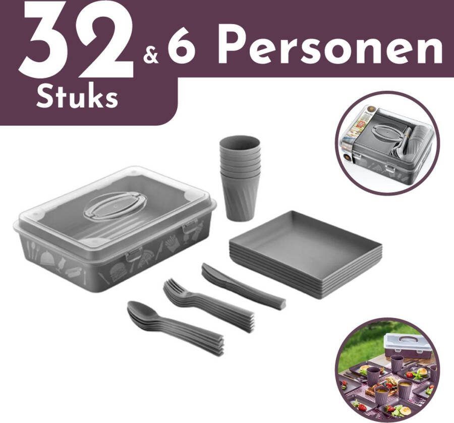 Dempa Bestek borden en bekers set herbruikbaar 29 delig picknickset BBQ set voor 4 personen BPA-vrij campingservices vork mes lepel bord beker picknickmand picknicktassen Zwart
