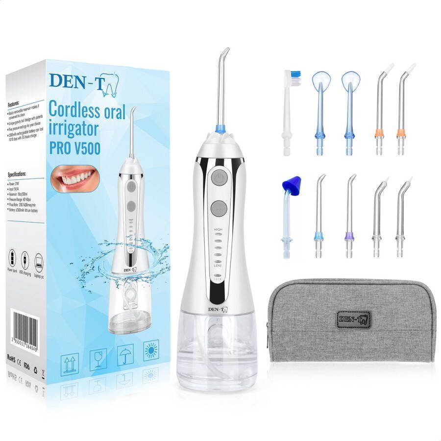 DEN-T Waterflosser PRO V500 300ML 5 standen 10 Opzetstukjes Monddouche Flosapparaat Wit