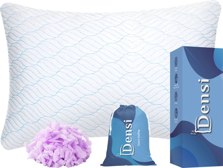 Densi Hoofdkussen Traagschuim hoofdkussen Nekklachten Memory Foam ontspannend Lavendel Geschikt voor rug- zij- en buikslapers Verkoelende Winter & Zomerkant Hervulbaar Inclusief Extra 150g Schuim Hoofdkussens Pillow