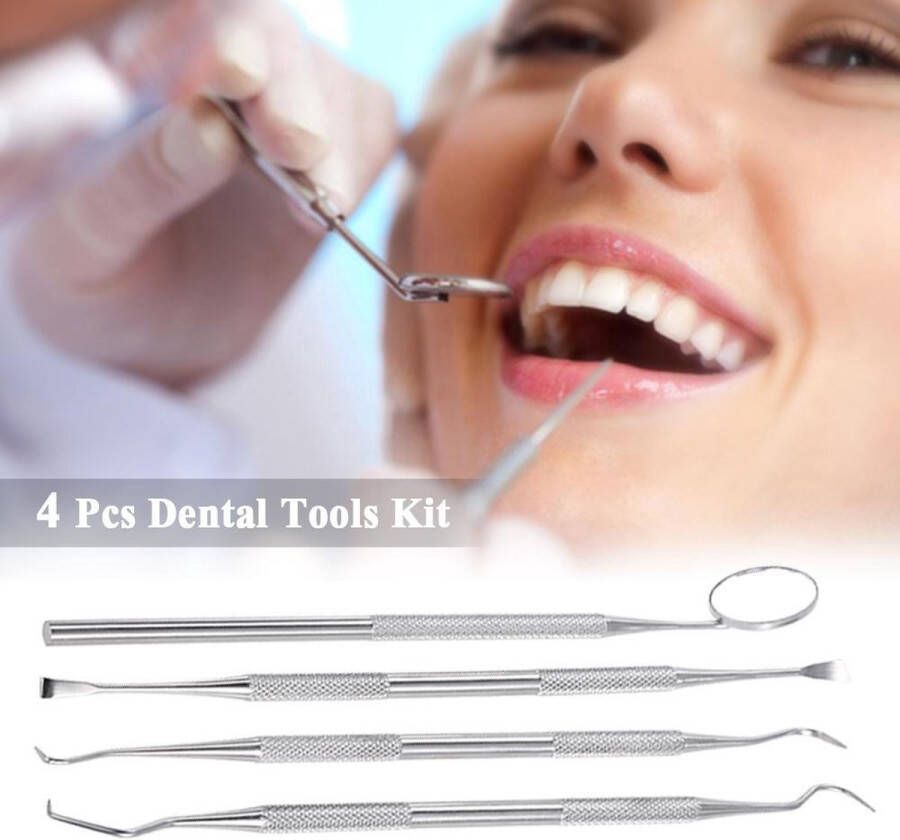 Dental Care 4-delige tandverzorging tandarts set RVS Spiegeltje Tandplakverwijderaar Schraper en metalen tandenstoker Perfecte tanden