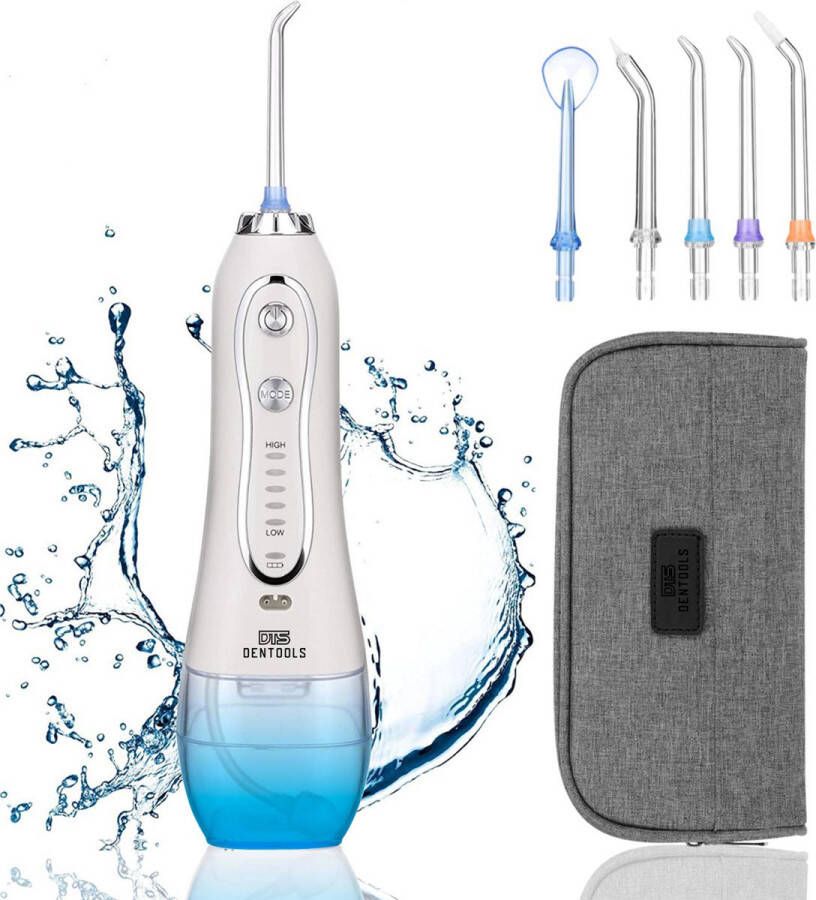 Dentools Draadloze Waterflosser Monddouche 5 Reinigingsstanden 5 Opzetstukjes 300ml Tank Gratis Travelbag Wit