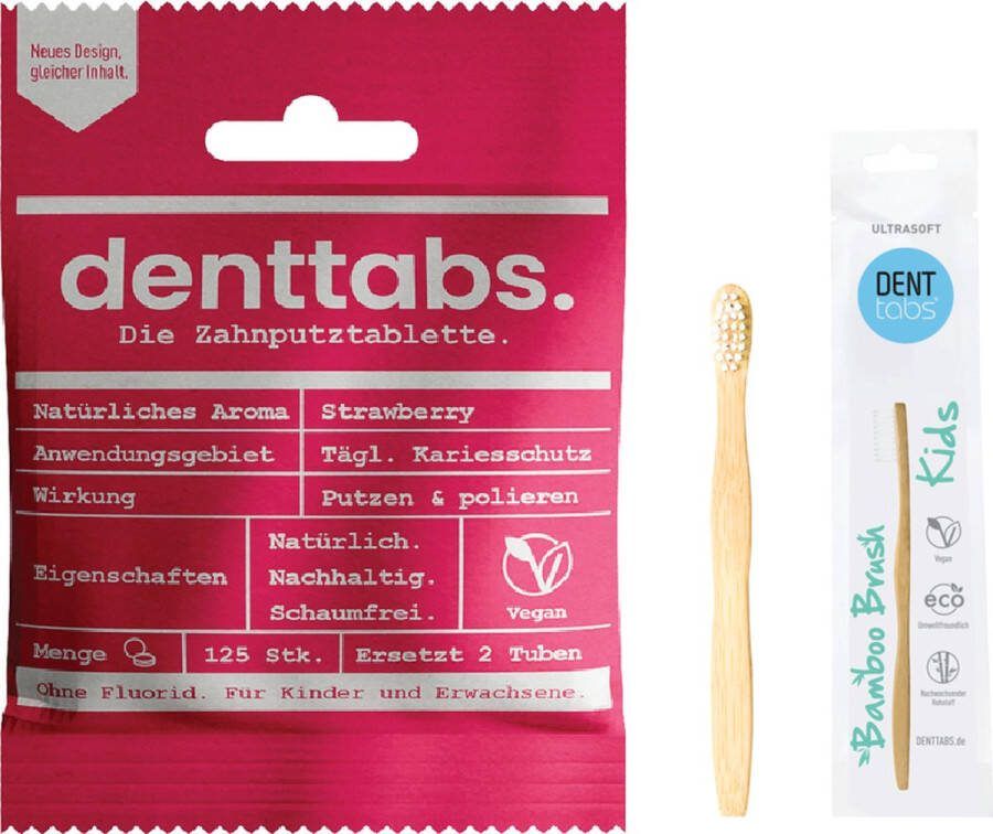 Denttabs Kids Tandpasta Tabletten Aardbei Tandenborstel voor kinderen Extra zacht Bamboe