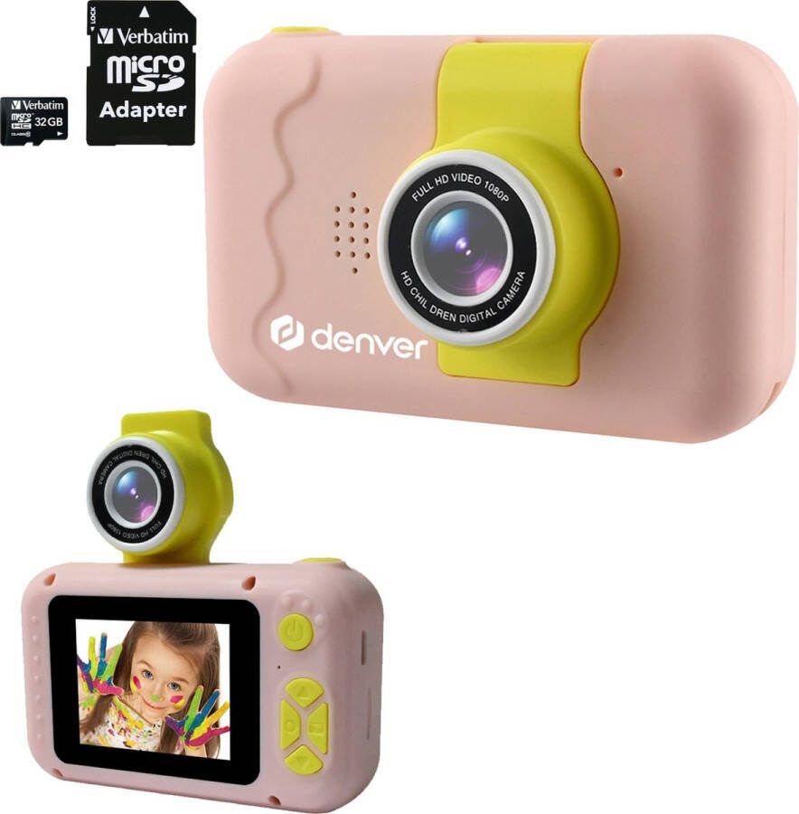 Denver Kindercamera Full HD Incl. 32GB SD Kaart Flip Lens voor Selfies 40MP Digitale Camera Kinderen Foto en Video Spelletjes KCA1350 Roze