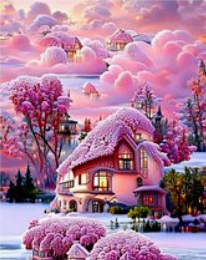 Denza diamond painting volwassenen landhuis met roze achtergrond 40 x 50 cm volledige bedrukking ronde steentjes direct leverbaar natuur sneeuw voor volwassenen