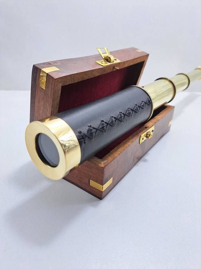 Denza Verrekijker decoratief in houten kistje met anker nautisch zwart leer messing nautisch telescoop FZ-16-P-3400