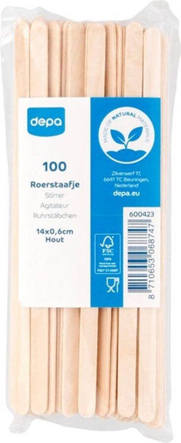 Depa 25x100st Roerstaafjes hout 14 cm 1 ZK 100 ST
