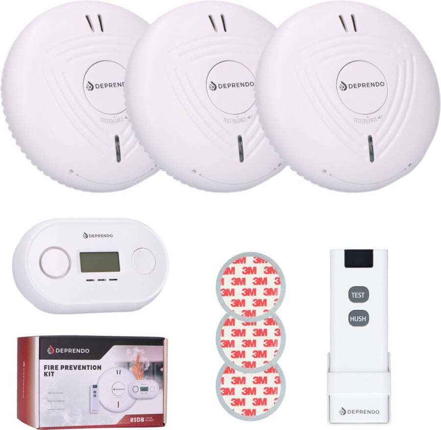 Deprendo Brandpreventieset met 3 Rookmelders en 1 Koolmonoxidemelder Met afstandsbediening 10 Jaar Batterij 3M Magneet Montage Zonder Boren Koppelbare Brandalarm en CO melder Draadloos