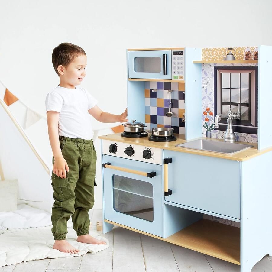 DeQUBE Speelkeuken Retro Licht Blauw Houten Keukentje voor Kinderen Twee Modules Met Licht en Geluid Kinderkeuken Inclusief Accessoires