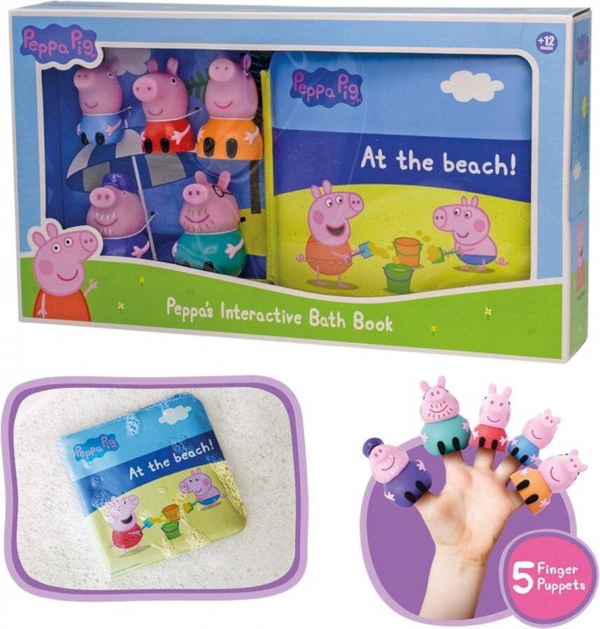 DeQUBE Peppa Pig Badboekje Interactief Met 5 Speelfiguren Vingerpoppen en Boek voor in Bad