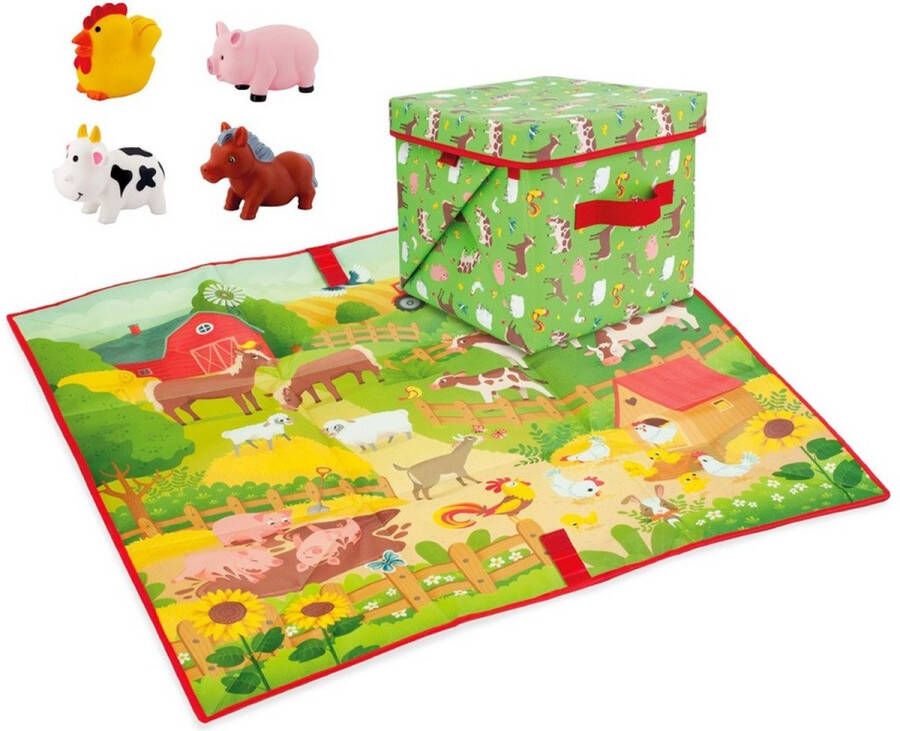 DeQUBE Speelkleed en Opbergbox in 1 Boerderij Speelmat en Opbergkist met Deksel Inclusief 4 Speelfiguren 85 x 85 cm