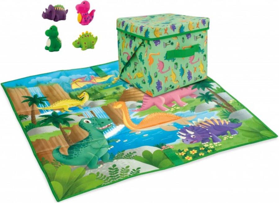 DeQUBE Speelkleed en Opbergbox in 1 Dinosaurus Speelmat en Opbergkist met Deksel Inclusief 4 Dino Speelfiguren 85 x 85 cm
