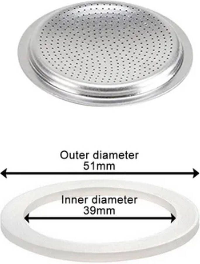 DerAqua Afdichtingsring en filterplaatje geschikt voor 1 kops Bialetti Percolator series Moka Express Dama Break Moka Timer Rainbow