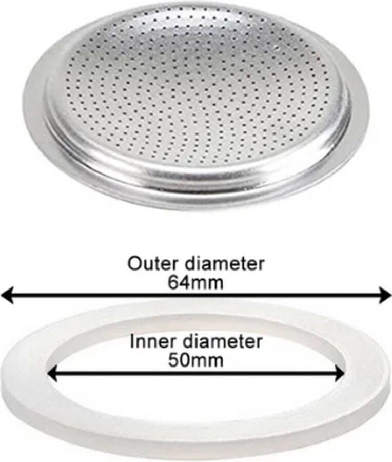 DerAqua Afdichtingsring en filterplaatje geschikt voor 3 kops Bialetti Percolator series Moka Express Dama Break Moka Timer Rainbow