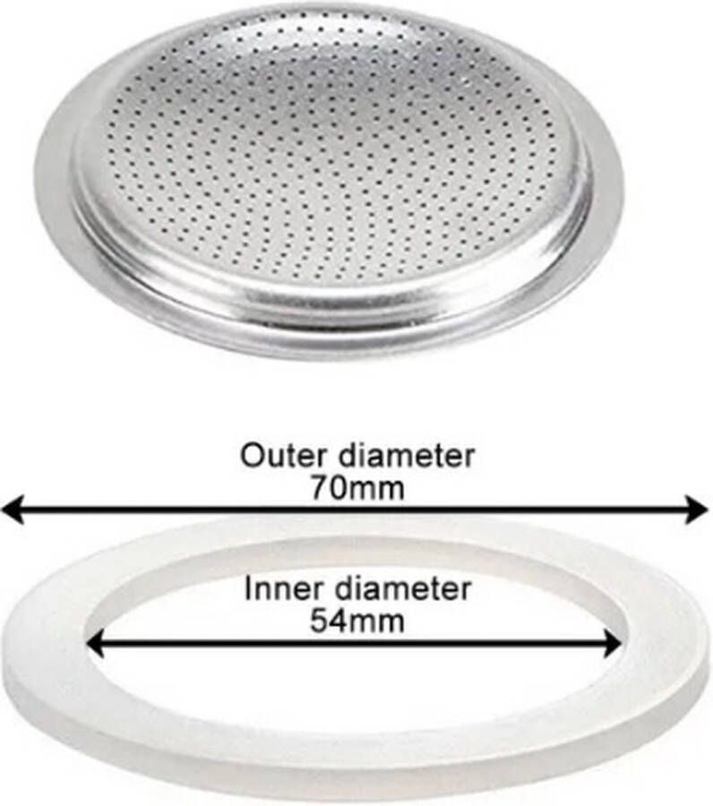 DerAqua Afdichtingsring en filterplaatje geschikt voor 6 kops Bialetti Percolator series Moka Express Dama Break Moka Timer Rainbow