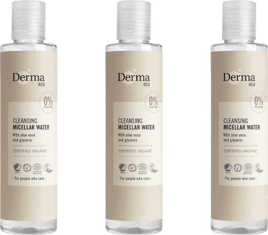 Derma Eco Make-up Remover Reinigingswater Voordeelverpakking 3 x 200 ML Parfumvrij Veganistisch Gezichtsverzorging Hypoallergeen