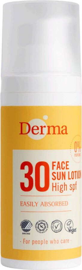 Derma Sun Vegan en Hypoallergeen Zonnelotion Face SPF30 50 ML Trekt Snel In Voor Gevoelige Huid