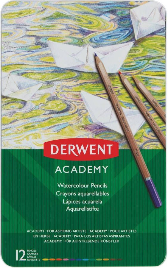 Derwent aquarelpotlood Academy blik van 12 stuks in geassorteerde kleuren 6 stuks